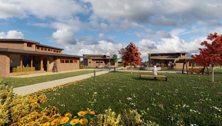 Vue 3D d'un complexe de logements en briques avec jardins fleuris et espaces verts