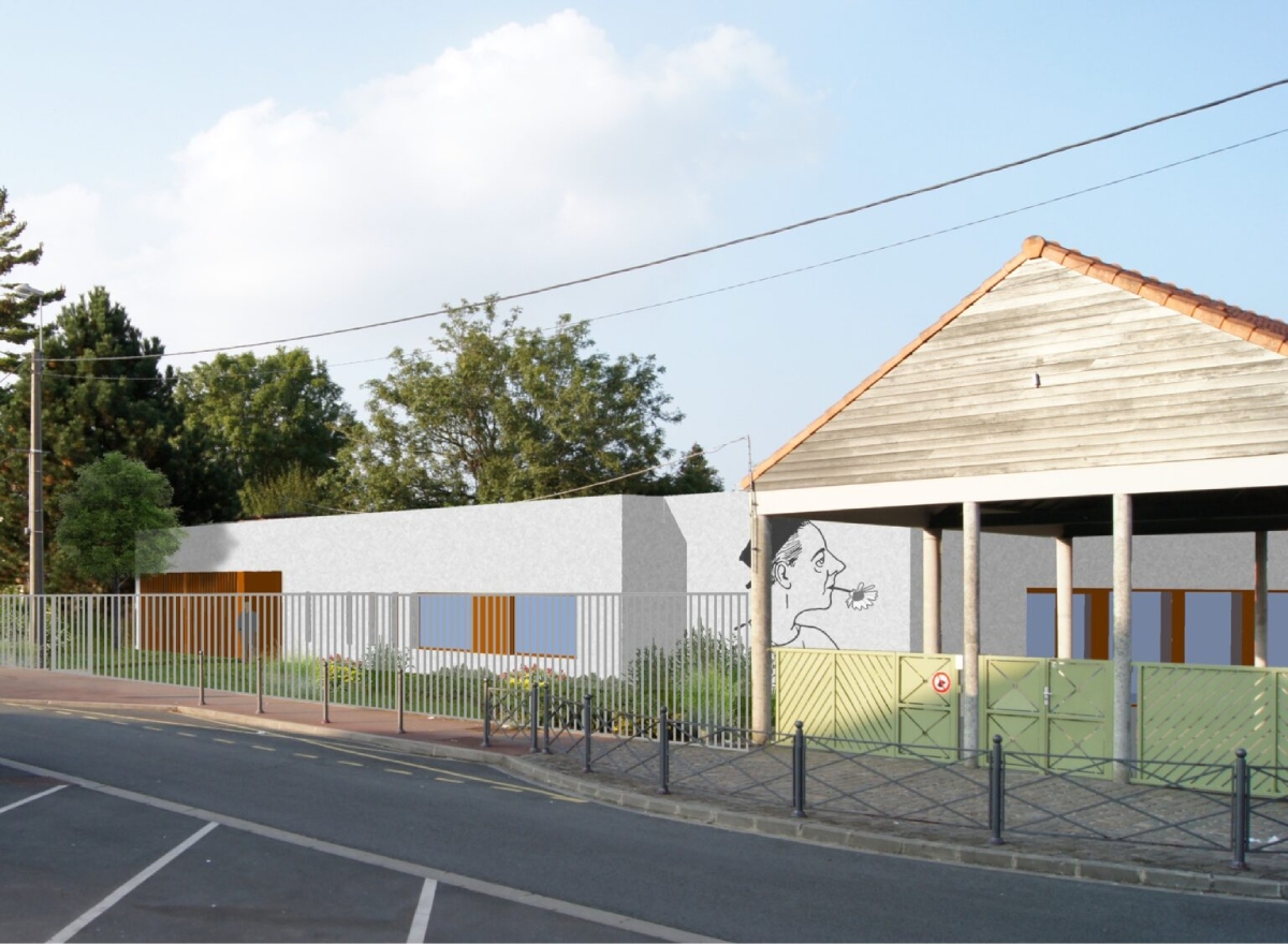 Projet enseignement : bâtiment blanc moderne avec fresque murale et structure en bois